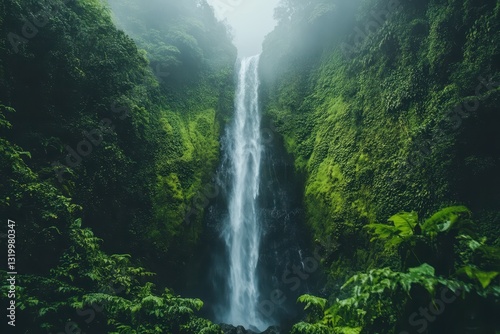 Majestic Waterfall Surrounded by Lush Greenery in Misty Forest