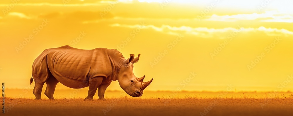 Fototapeta premium A large rhinoceros stands majestically against a beautiful golden sunset
