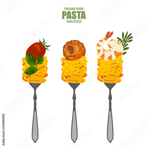 Delicious Food Vector Illustration Set. Italian Food Menu Style with Different Pasta. Pasta Fork, Spaghetti, Tomato, Shrimp with Sauce. Recipe, Menu, Restaurant for Food Design, Poster and Background.