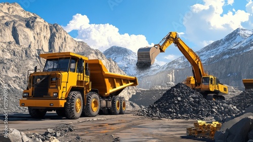 Excavator loading ore into dump truck at mine.