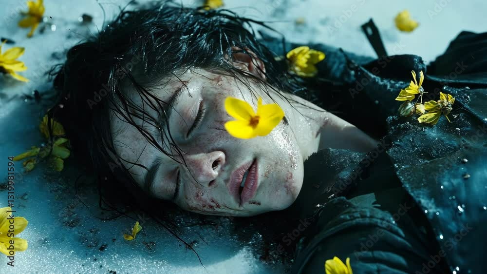 Woman lying in snow with yellow flowers scattered around amidst a somber atmosphere