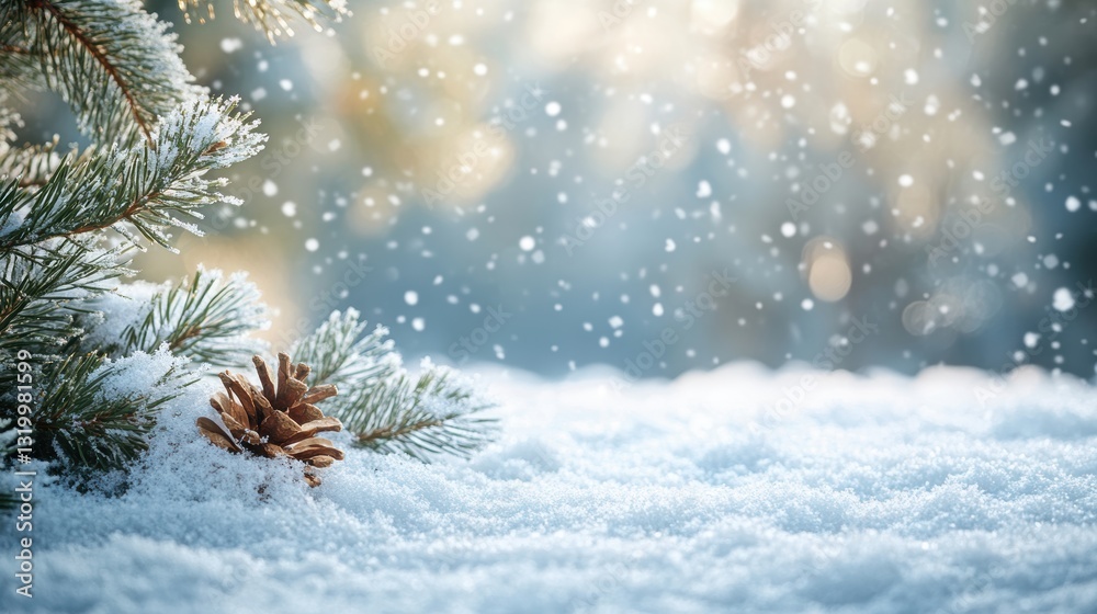 Snow-covered Pine Branch with Pinecone Under Falling Snowflakes on a Cold Winter Day Creating a Serene and Tranquil Nature Scene Snow-covered Pine Branch with Pinecone Under Falling Snowflakes on a Cold Winter Day Creating a Serene and Tranquil Nature Scene