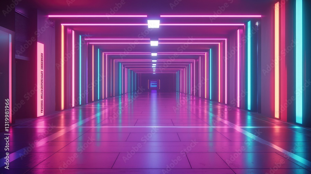 A vibrant, illuminated corridor featuring neon lights in pink and blue, creating a futuristic and dynamic atmosphere. A vibrant, illuminated corridor featuring neon lights in pink and blue, creating a futuristic and dynamic atmosphere.