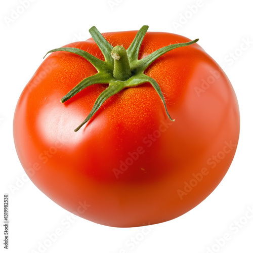 Ripe red tomato isolated on transparent background with green stem