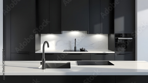 Modern kitchen interior with sink and wooden cabinets
