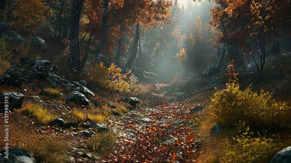 Autumn forest path illuminated by soft sunlight reveals vibrant colors of nature in a tranquil setting Autumn forest path illuminated by soft sunlight reveals vibrant colors of nature in a tranquil setting
