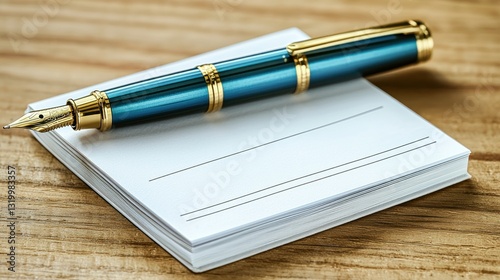 Blue pen rests on a blank notebook. Wood grain visible