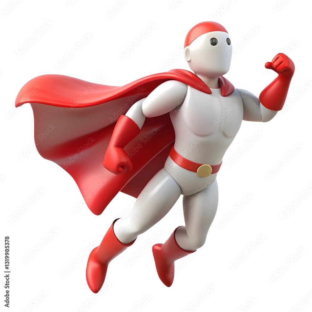 3D render of a white humanoid superhero with a red cape in a dynamic flying pose on a white background 3D render of a white humanoid superhero with a red cape in a dynamic flying pose on a white background