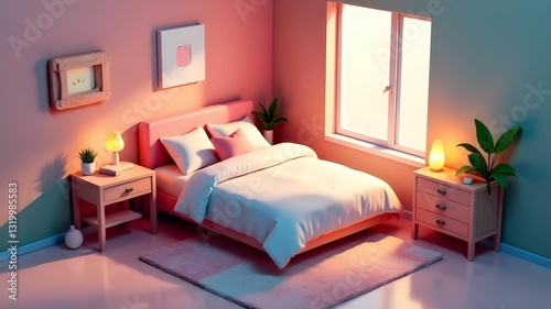 graphic design of a bedroom with chests of drawers and lamps turned on photo