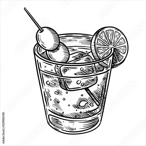 Hand draw vector Illustration of cocktail with ice, vermuth, spanish drink