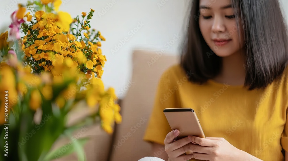 Young Asian woman in a yellow shirt relaxing with a phone, surrounded by vibrant yellow flowers in a cozy setting. Young Asian woman in a yellow shirt relaxing with a phone, surrounded by vibrant yellow flowers in a cozy setting.