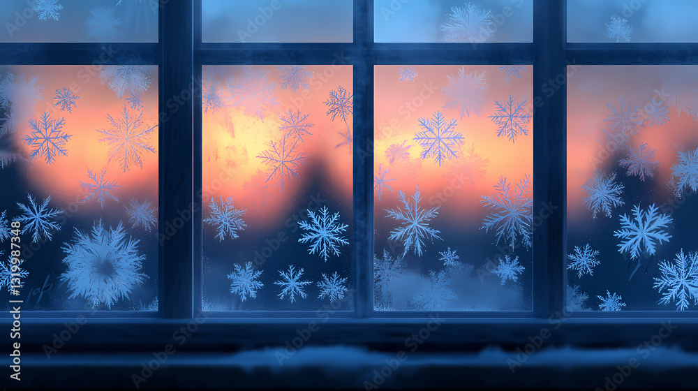 Fototapeta premium A frosted window with intricate snowflake patterns, illuminated by the soft glow of a winter sunrise. Frosted Glow. Illustration