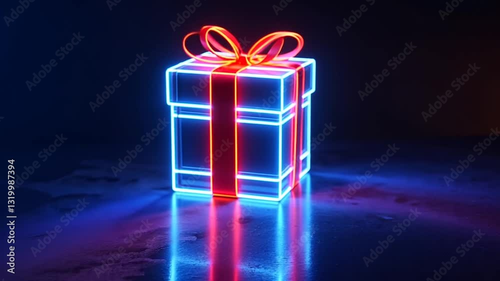 Neon lit gift box with ribbon glows blue and red against a dark background