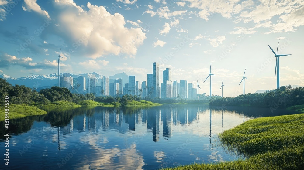 Naklejka premium Eco-City Skyline, Sustainable Urban Landscape