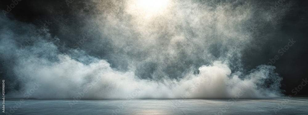 Fototapeta premium Mysterious smoke fills an empty, dimly lit space.