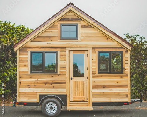 A charming tiny house on wheels made of natural wood, featuring large windows and a cozy design, set against a green backdrop.