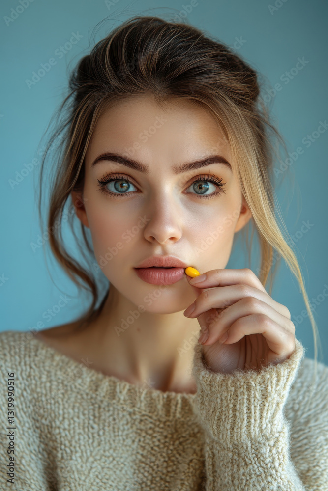 Young woman holding yellow pill highlighting health and wellness concept in casual setting for medical awareness design