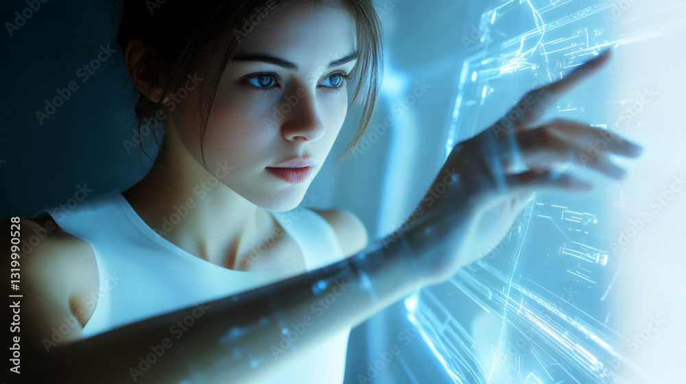 Young woman interacting with futuristic holographic touchscreen display in a dimly lit high-tech environment with blue light effects