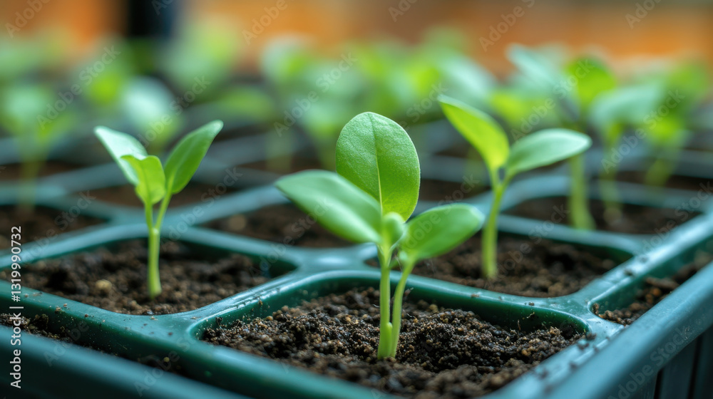 Close-up of young green seedlings growing in soil-filled tray in bright indoor garden environment