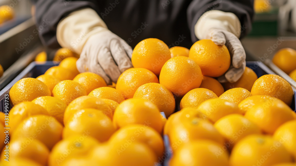 Worker sorting fresh oranges in factory with gloves for quality control and packaging process