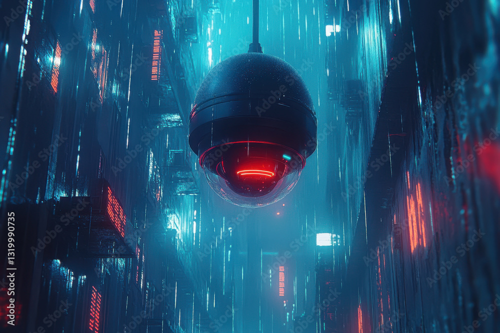 Future technology with surveillance dome camera in a sci-fi urban setting