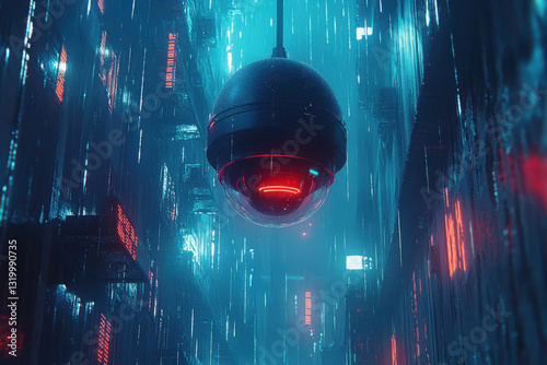Obraz na płótnie Future technology with surveillance dome camera in a sci-fi urban setting w salonie