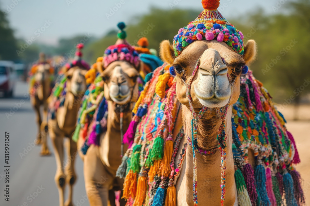 Behold, mesmerizing spectacle of a majestic caravan of camels traversing boundless expanse of desert, bearing within them tales of commerce and adventure Behold, mesmerizing spectacle of a majestic caravan of camels traversing boundless expanse of desert, bearing within them tales of commerce and adventure