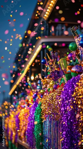 An exuberant and colorful Mardi Gras parade float adorned with dazzling decorations, vibrant colors, and sparkling lights creating a joyful festive atmosphere.