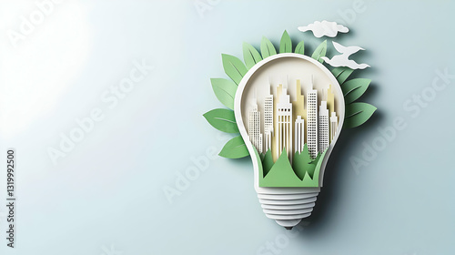 Green City Inside Lightbulb Sustainable Urban Development Eco-Friendly Architecture Renewable Energy Concept On Light Blue Background Innovation For