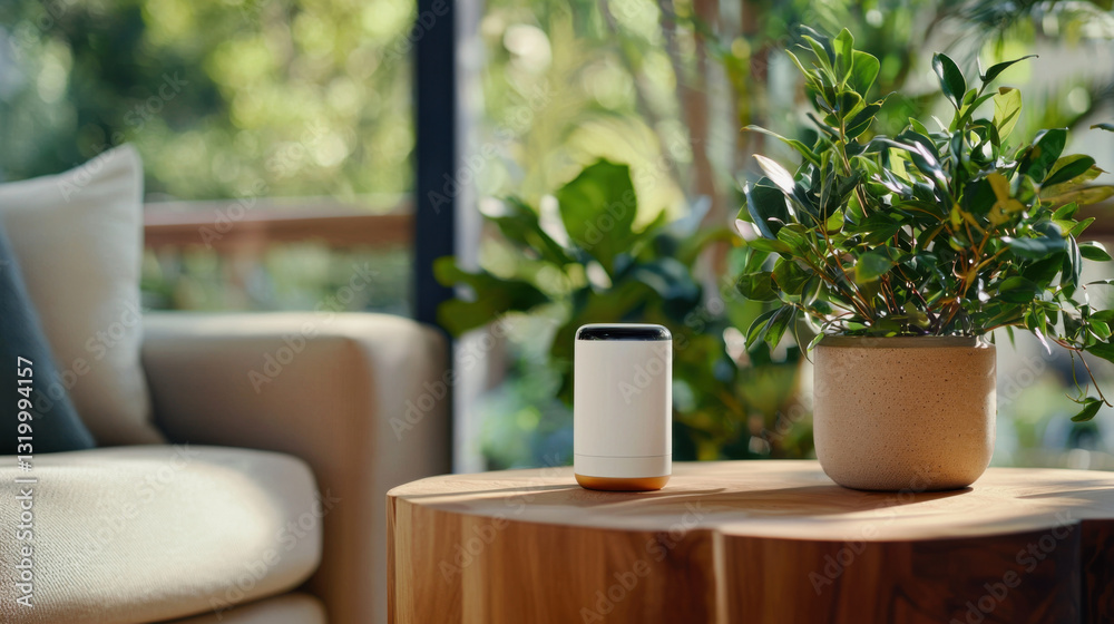 Smart home device on wooden table beside potted plant in cozy living room Smart home device on wooden table beside potted plant in cozy living room