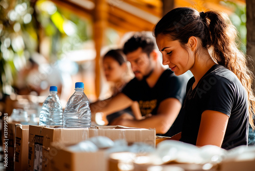 Latino volunteers preparing humanitarian aid packages with bottled water