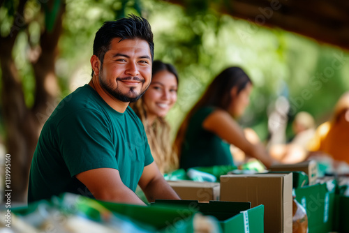 Group of volunteers packing food in cardboard boxes outdoors