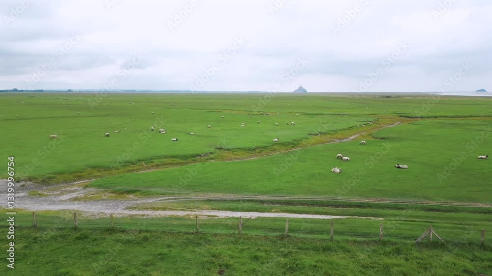Peaceful Flock of Sheep Grazing on Green Fields with Mont Saint-Michel in the Background Peaceful Flock of Sheep Grazing on Green Fields with Mont Saint-Michel in the Background