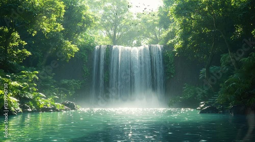 A serene waterfall surrounded by lush greenery and a tranquil pool. Seamless looping 4k video background 