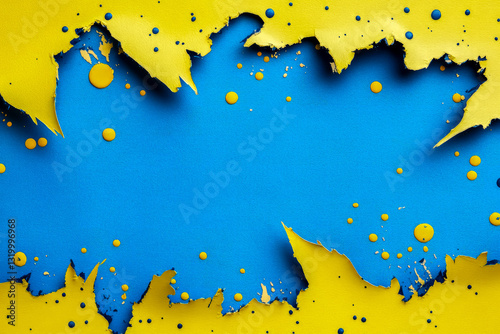 Abstract background of torn yellow paint peeling off a blue surface with paint splatters