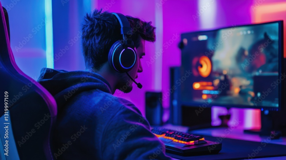 Gamer Immersed in Neon-Lit Virtual World Gamer Immersed in Neon-Lit Virtual World