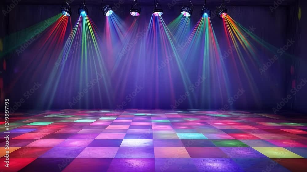 A vibrant and colorful dance floor illuminated by dynamic stage lights, creating a festive atmosphere perfect for parties and events.