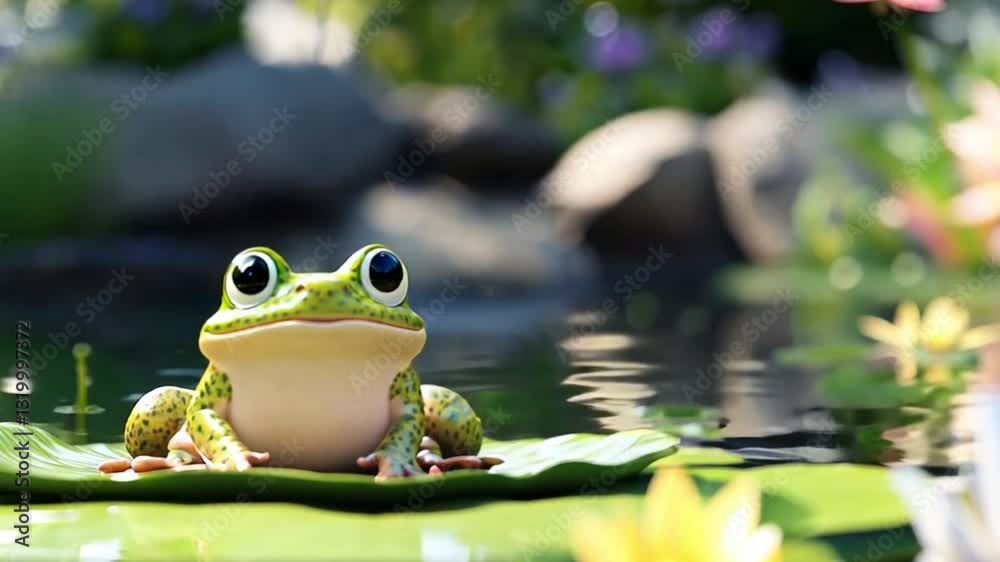 Cute cartoon frog on lily pad in garden pond