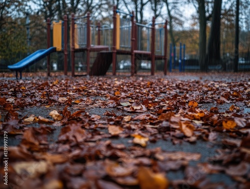 Wallpaper Mural Empty playground covered in fallen autumn leaves during a rainy day. Torontodigital.ca