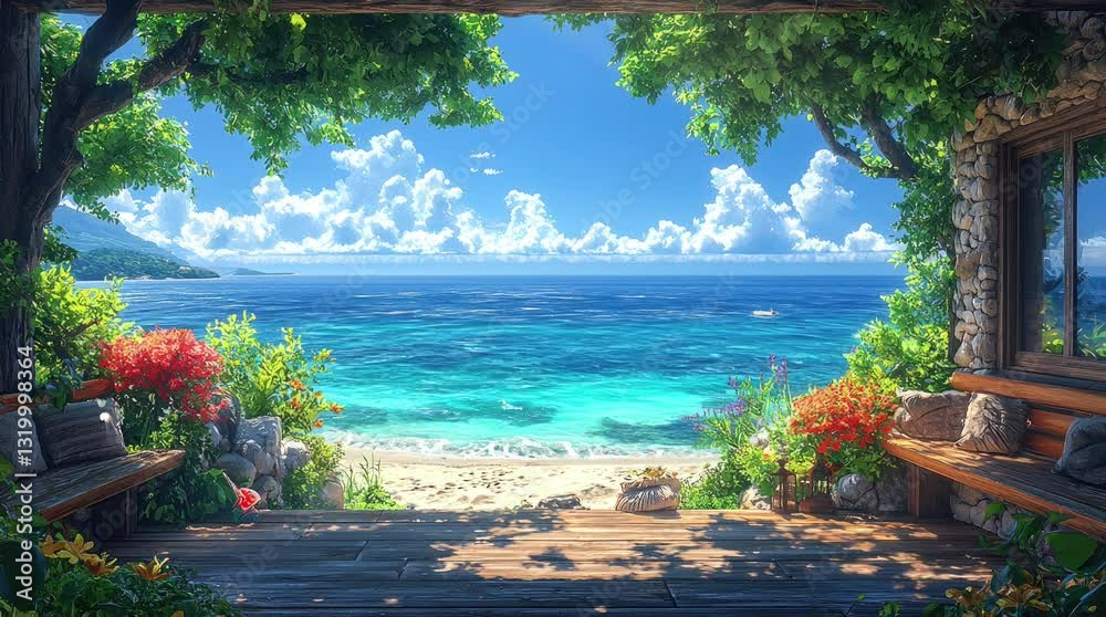 A serene beach view framed by lush greenery and vibrant flowers, inviting relaxation. Seamless looping 4k video background 