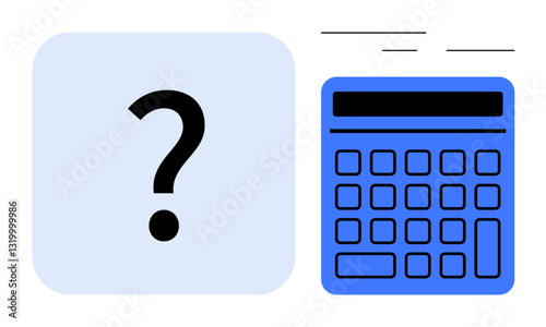 Blue calculator next to emphasized question mark implies calculation, problem-solving, or decision-making. Ideal for finance, education, strategy, analytics, planning, solutions flat simple metaphor