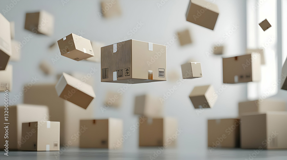 Fototapeta premium 3D Render of Cardboard Boxes Floating and Stacked in a Warehouse Depicting E-Commerce Order Fulfillment and Logistics