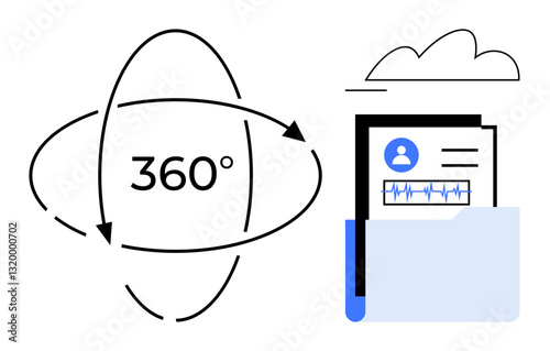 Circular 360 arrows emphasize holistic data evaluation document folder holds profile and analytics. Ideal for data analytics, cloud storage, healthcare, digital identity, collaboration, project