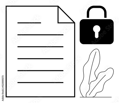 Document page next to a padlock symbolizing secured information. Minimalist design with decorative leaves. Ideal for data privacy, cyber protection, encryption, confidentiality, secure access