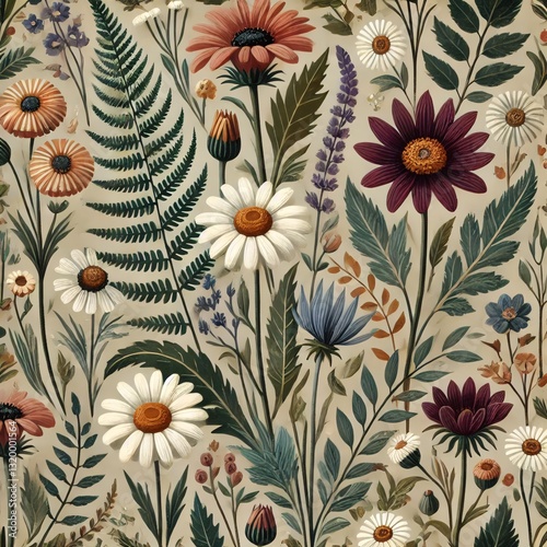 Vintage botanical floral pattern with wildflowers and leaves
