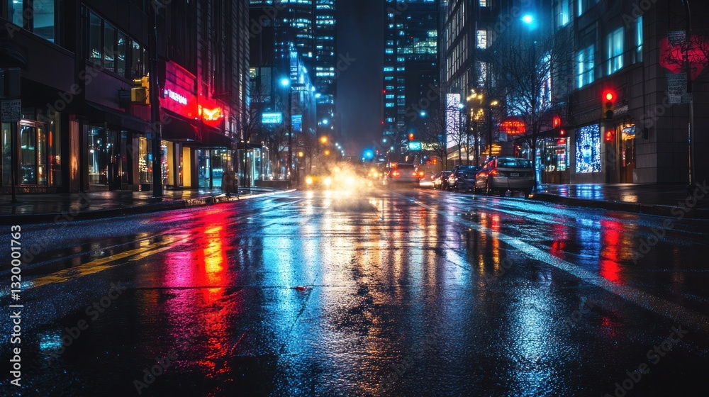 Fototapeta premium Rainy Night Cityscape: Neon Lights Reflecting on Wet Streets
