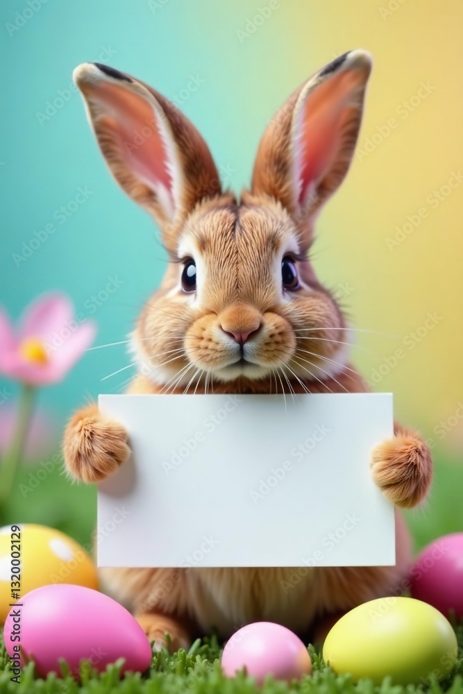 Obraz premium Easter bunny with blank sign, vibrant eggs backdrop, image, design
