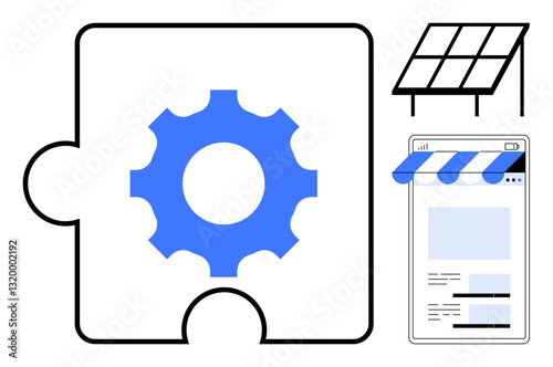 Gear on puzzle piece highlights teamwork and solutions. Solar panels and online store symbolize technology, sustainability, e-commerce. Ideal for innovation, renewable energy, teamwork, strategy