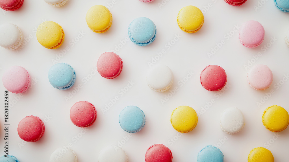 A vibrant pattern of colorful macarons set against a white background, captured in close-up A vibrant pattern of colorful macarons set against a white background, captured in close-up