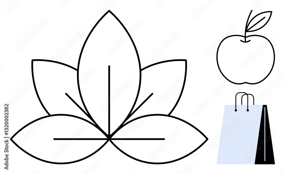 Lotus flower with sleek lines, apple with leaf, and shopping bag in modern flat style. Ideal for wellness, health, eco-conscious living, mindfulness, nutrition self-care and minimalism. Flat simple Lotus flower with sleek lines, apple with leaf, and shopping bag in modern flat style. Ideal for wellness, health, eco-conscious living, mindfulness, nutrition self-care and minimalism. Flat simple